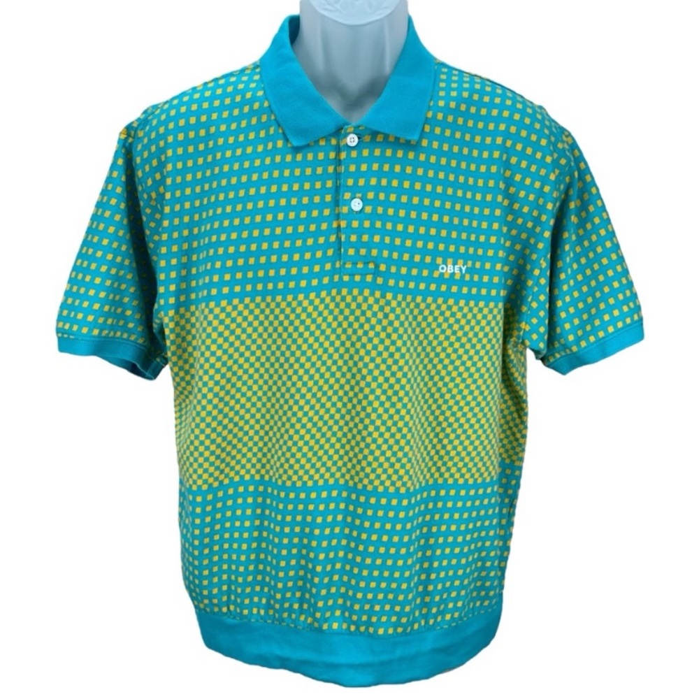 Obey Men’s Medium Turquoise/Yellow Geometric Print  Banded Bottom Polo Shirt‎